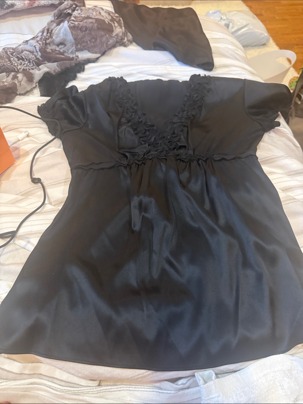 BCBGMaxAzria Black Satin Blouse with Ruffle Trim